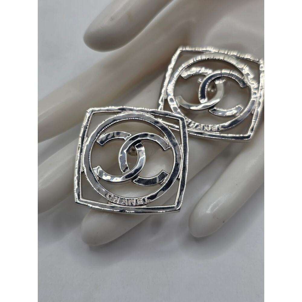 Chanel Silver-Tone Interlocking Cc Square Stud Ea… - image 5